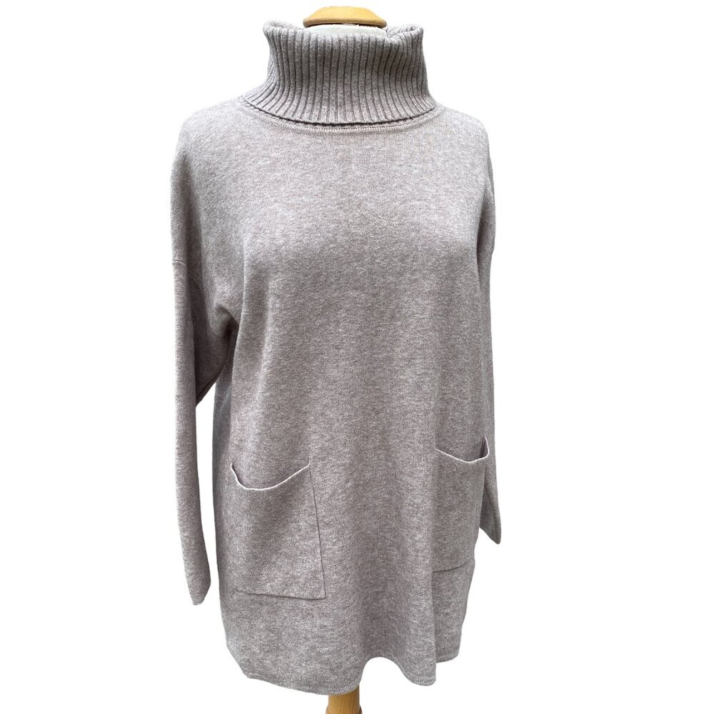 M Made In Italy Oversized Cowl Neck Tunic Sweater Oatmeal Taupe Quiet Luxury-X